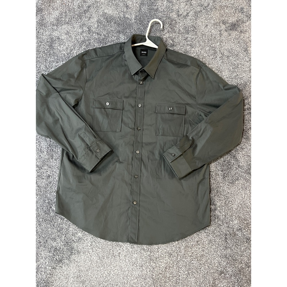 Hugo Boss Oreste Slim Fit Shirt Mens XXL GreenGrey Stretch Cotton Utility Button